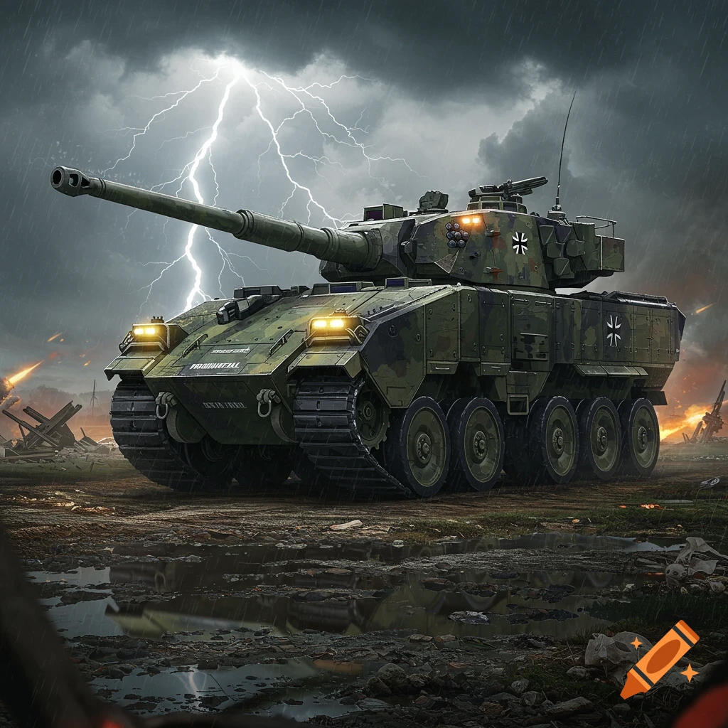 A camouflaged military tank with a large cannon barrel sits in a muddy, war-torn landscape under a stormy, lightning-filled sky.