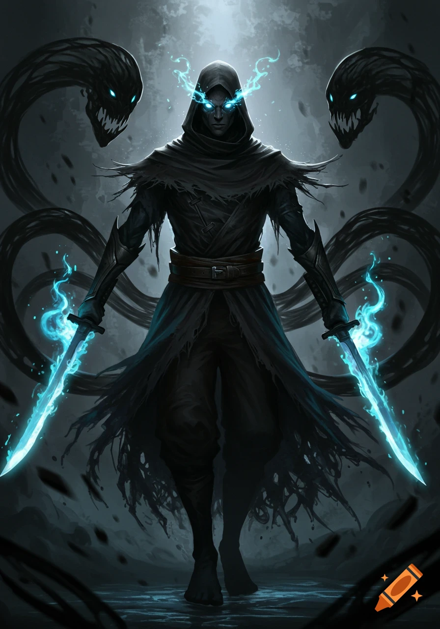 A dark hooded figure with glowing blue eyes and two glowing blue swords stands amidst shadowy serpentine creatures.