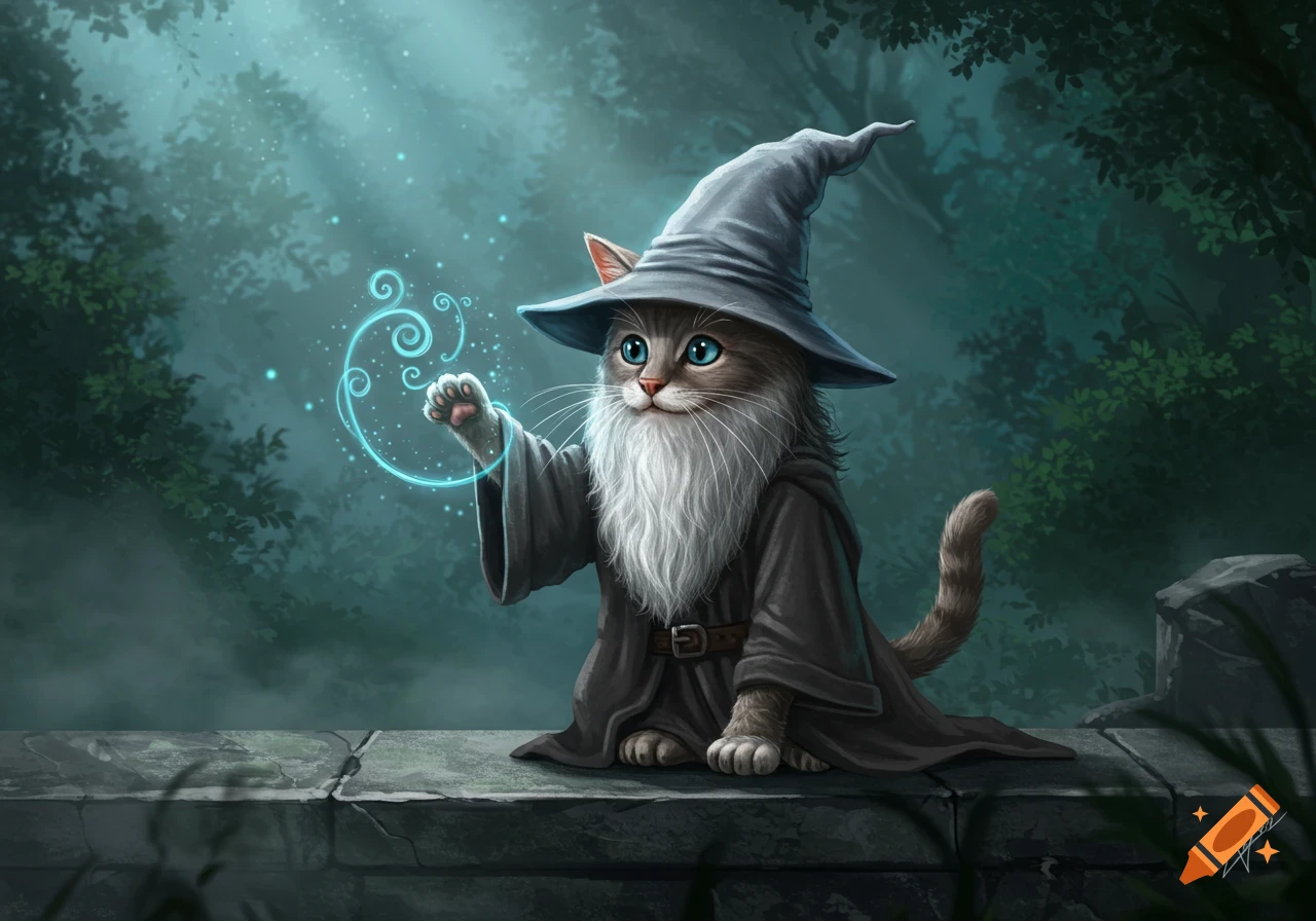 A cute cat dressed as a wizard casts a blue spell, standing on a stone wall in a mystical forest.