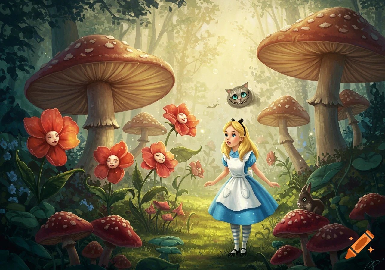 Alice in Wonderland stands amidst giant red mushrooms and talking flowers, with the Cheshire Cat's head floating above.