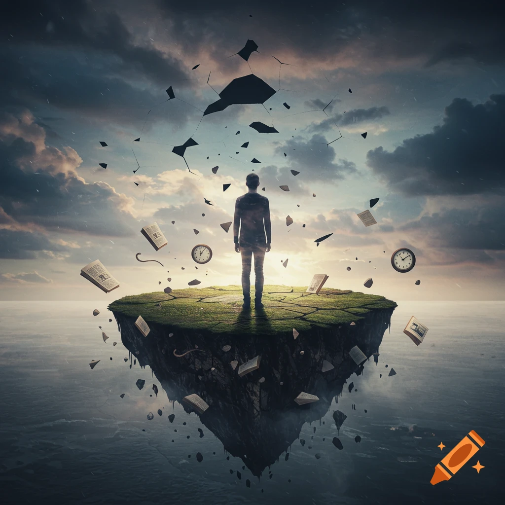 A surreal image of a person standing on a floating island above water, with the sky shattering and books/clocks floating.
