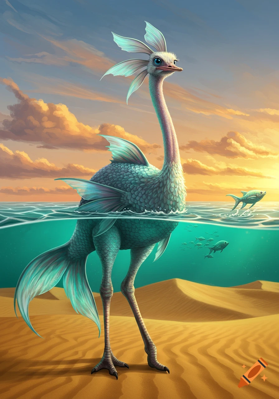 An illustrated fantasy creature, an ostrich-fish hybrid, stands in shallow water where desert meets ocean under a sunset sky, with fish jumping.