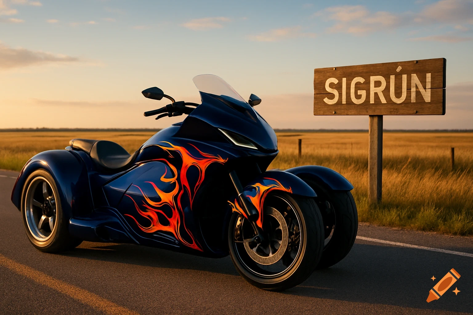 A dark blue trike motorcycle with orange and red flames parked on a road next to a field, with a sign reading 'SIGRÚN' under a sunset sky.