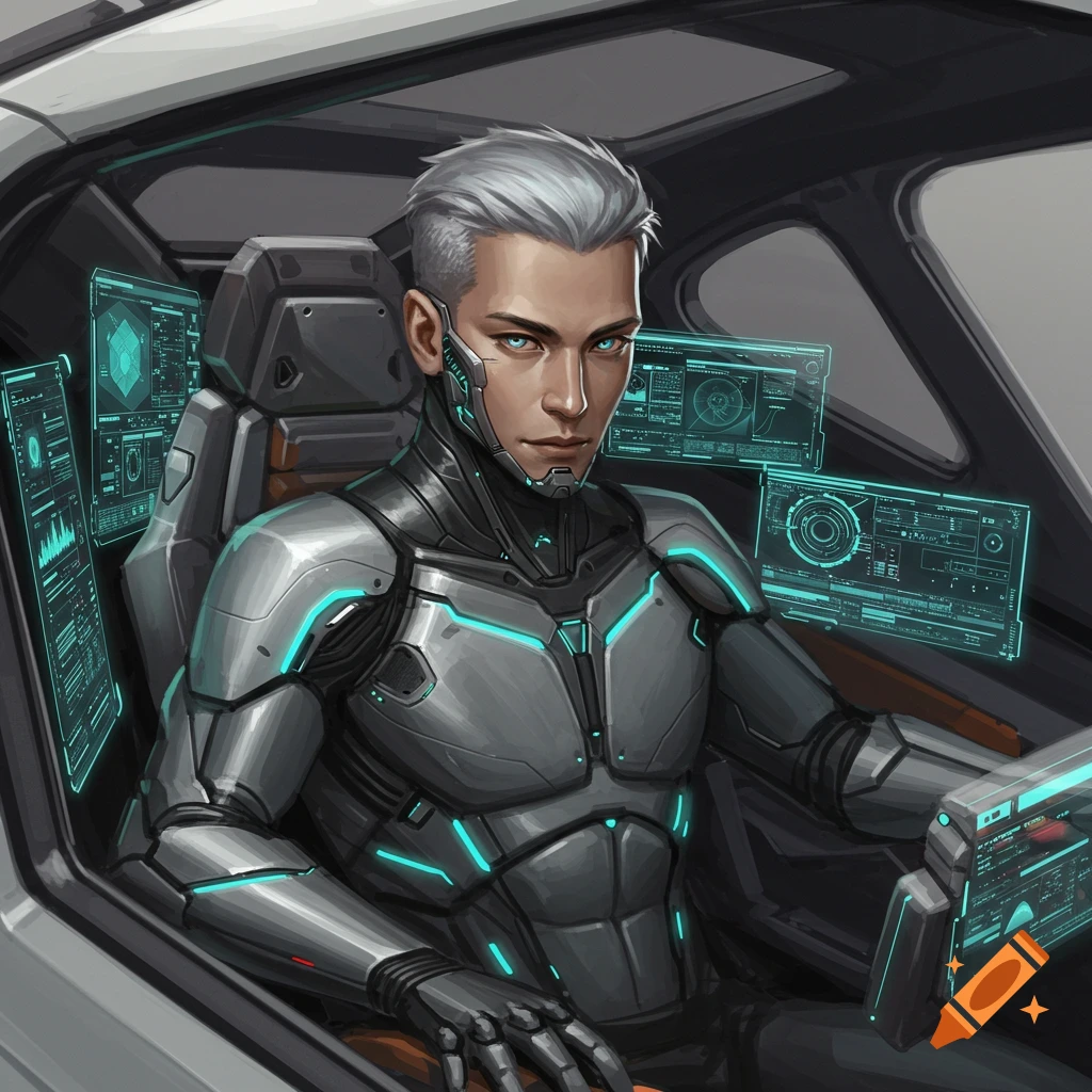 A futuristic man with white hair and glowing blue eyes in a gray and black suit with blue light accents sits in a sleek vehicle, surrounded by holographic screens.