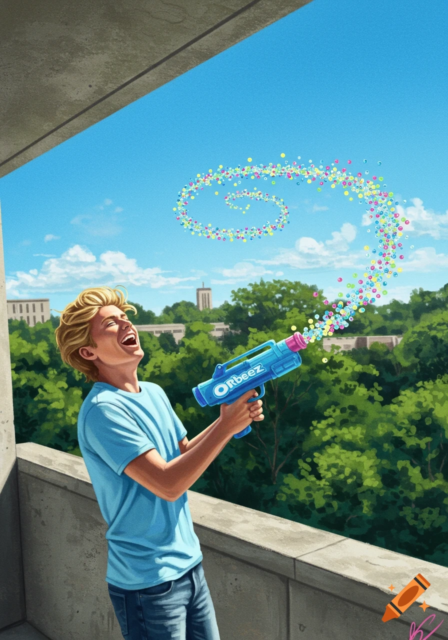A blonde man shoots an Orbeez gun, releasing colorful pellets in a spiral, from a college apartment balcony. Illustrated style.