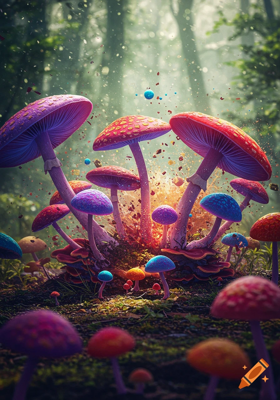 A vibrant, colorful mushroom explosion in a mystical forest, with glowing spores and dappled light.