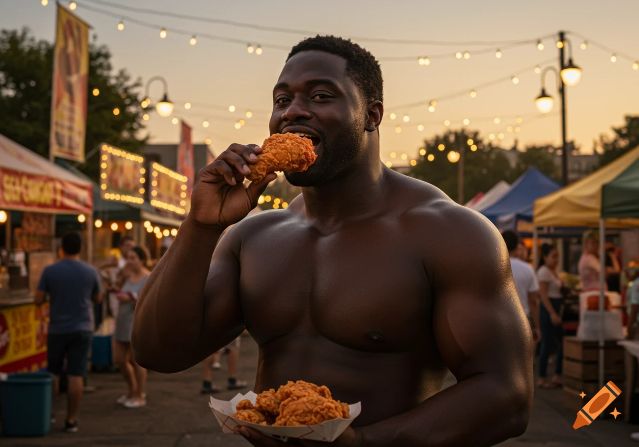 A muscular Black man, shirtless, happily eats fried chicken at a vibrant outdoor fair with string lights.