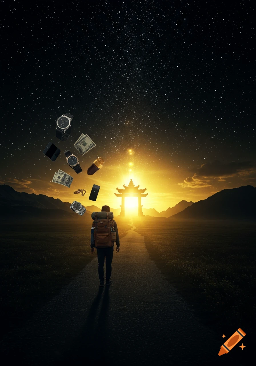 A person with a backpack walks on a path towards a glowing gate at sunset under a starry sky, leaving behind floating watches, money, and electronics.