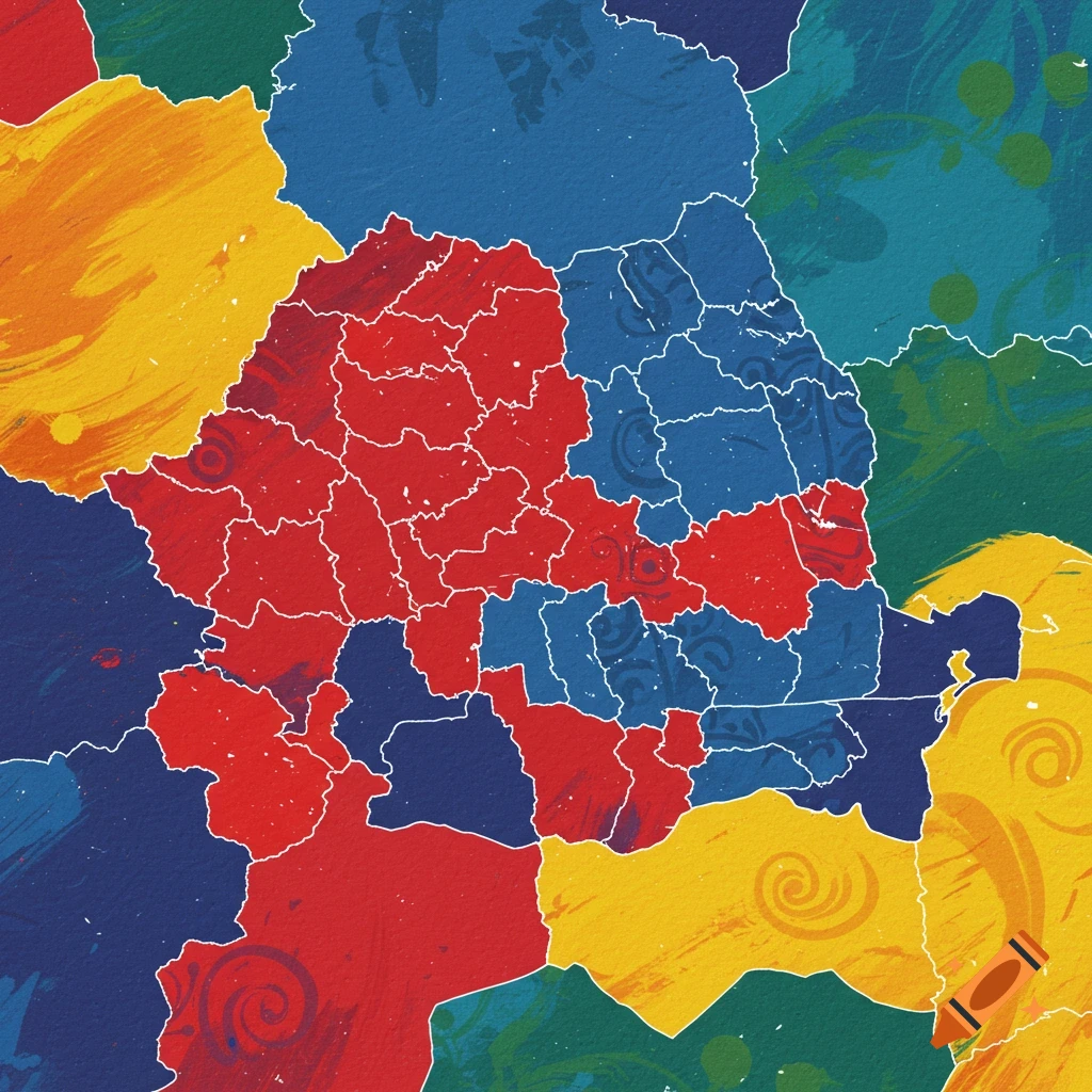A colorful, stylized map of Romania with regions colored red, blue, and yellow, featuring textured patterns within each area.