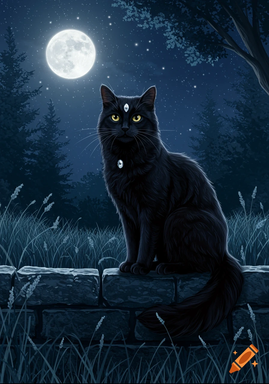 A black cat with golden eyes and glowing gems on its forehead and chest sits on a stone wall under a full moon in a starry night.
