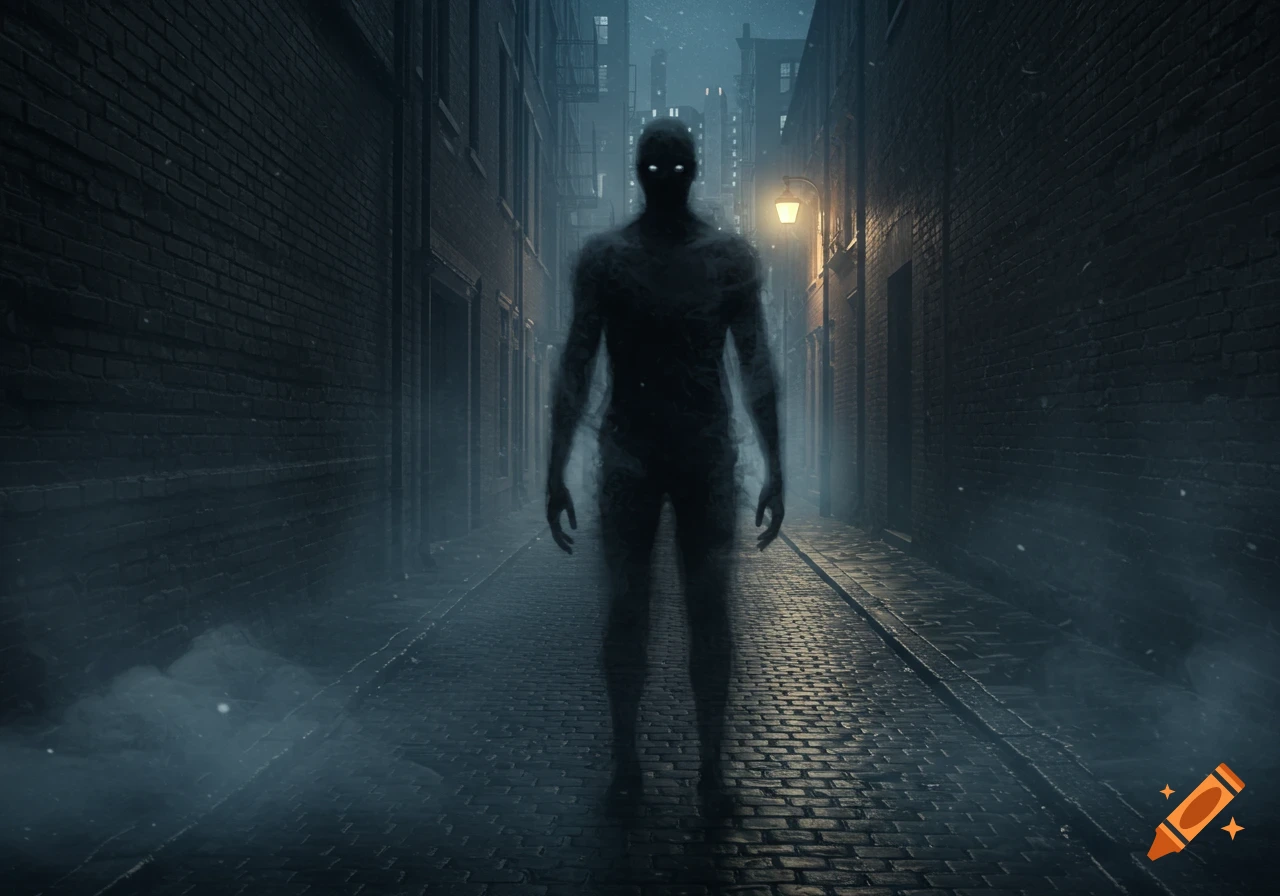 An eerie, shadowy figure with glowing eyes stands in a dark, misty urban alleyway at night.