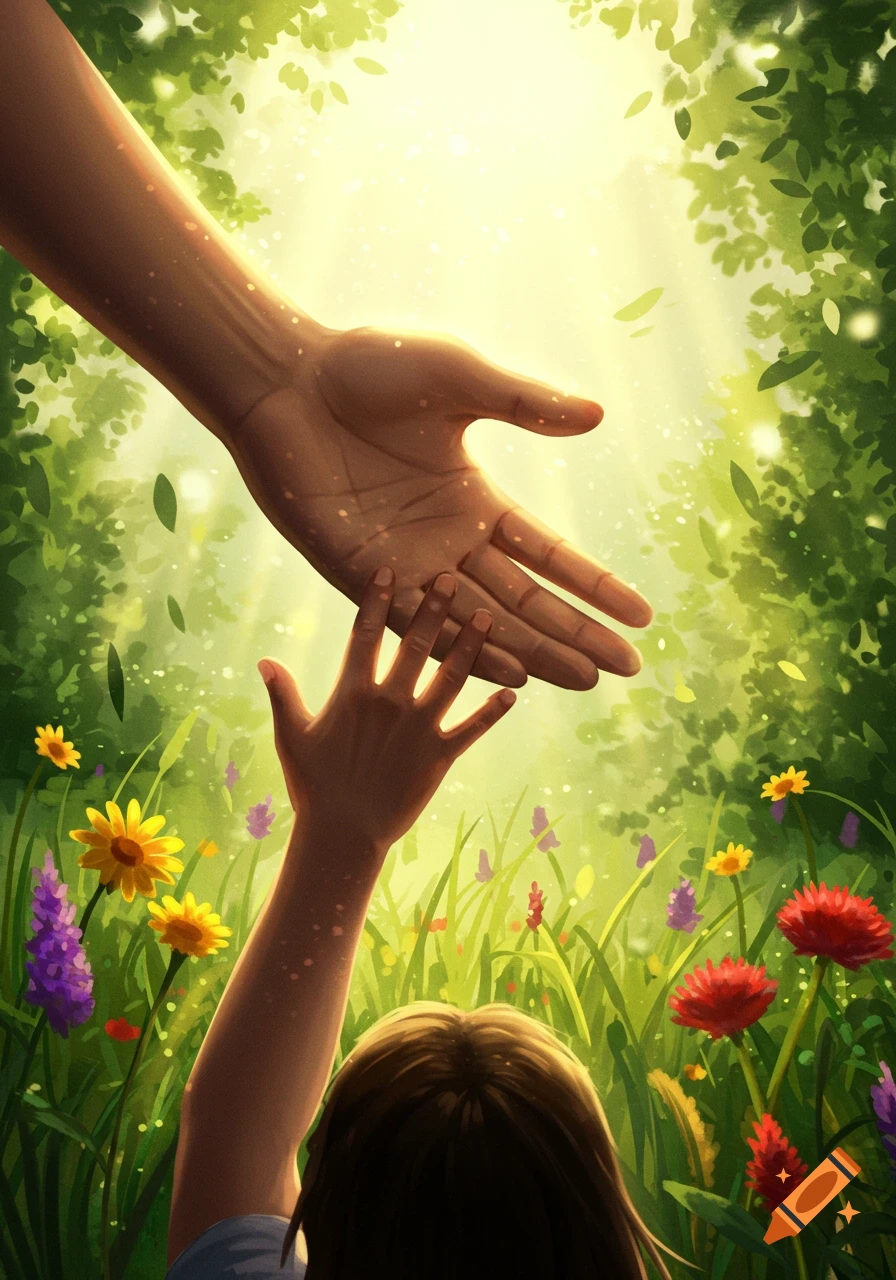 An illustration of a large hand reaching down to a small hand, amidst a bright, lush field of flowers and foliage.