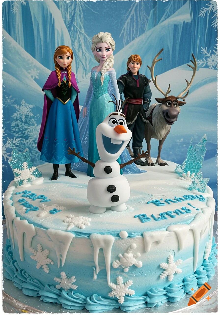 A white and blue Frozen birthday cake with Olaf, Anna, Elsa, Kristoff, and Sven figurines, with 'Happy Birthday Burns!' text.