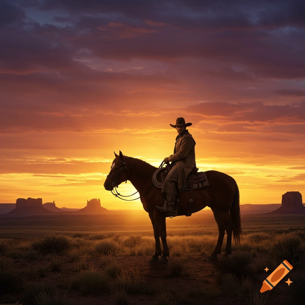 A cowboy on horseback at sunset in a vast desert landscape with buttes in the distance, photorealistic style.