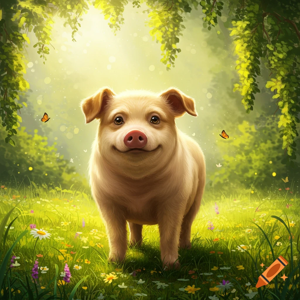 A smiling pig stands in a vibrant, sunlit field filled with colorful wildflowers, with green trees overhead.