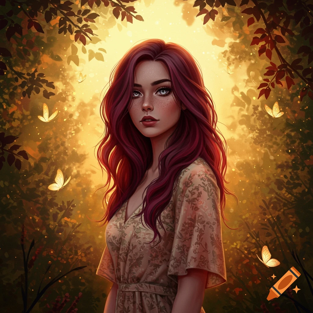 Stylized illustration of a young woman with long burgundy hair and grey eyes, standing in a glowing, ethereal forest with butterflies.