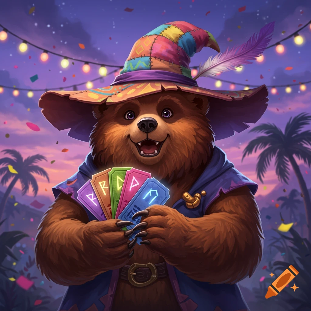 A smiling, anthropomorphic brown bear in a patched wizard hat and blue robe holds up a fan of colorful cards with glowing rune-like symbols. Confetti falls around him, and palm trees are visible under a twilight sky with string lights.