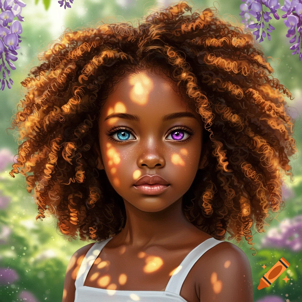 A young girl with heterochromia, one blue eye and one purple eye, with curly brown hair, standing in dappled sunlight outdoors with purple flowers in the background.