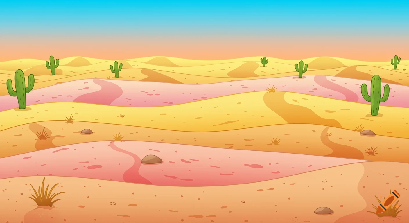 A cartoon desert landscape with multi-colored sand dunes, green cacti, and a blue sky.