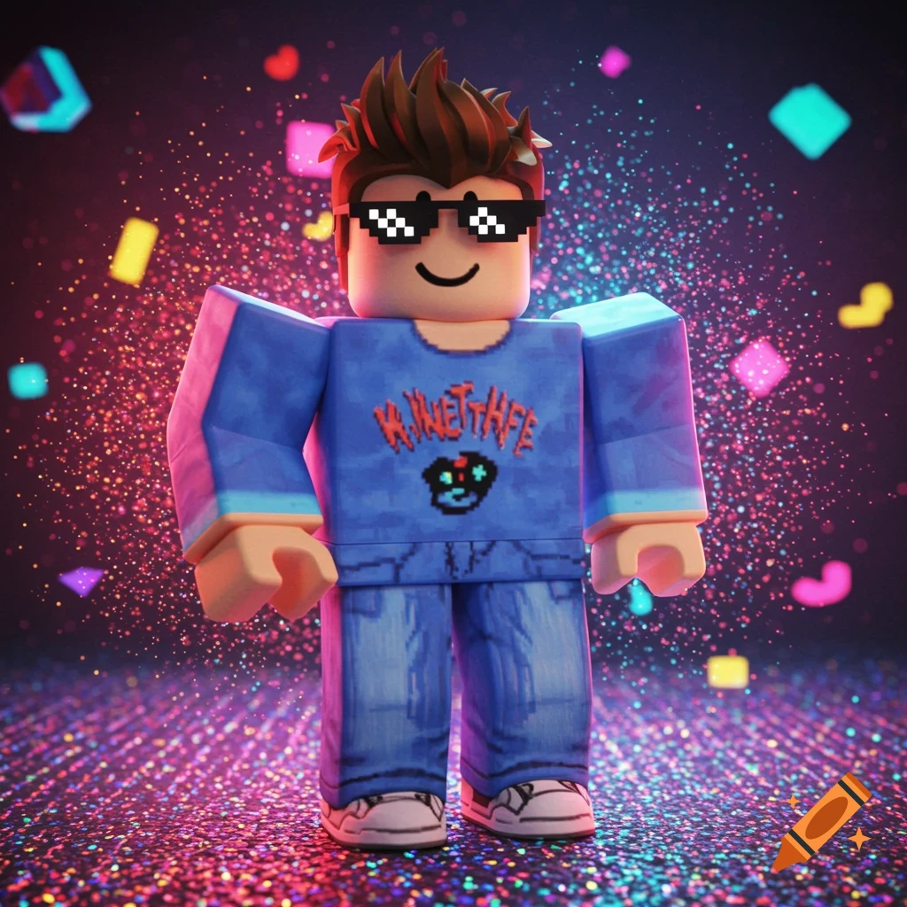 A Roblox avatar with pixelated sunglasses and a blue shirt stands in a vibrant, glittery, digital art background.