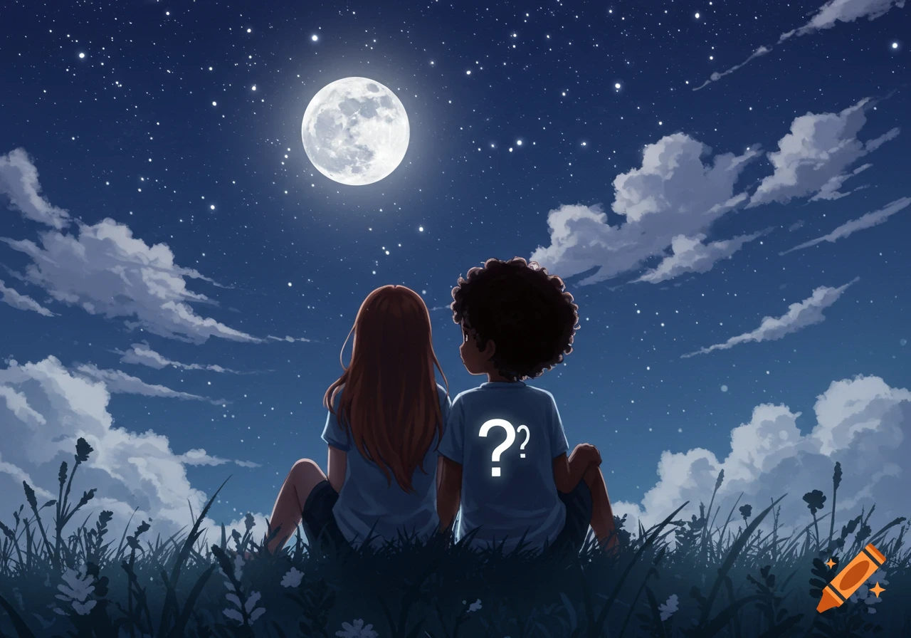 Two children, a girl and a boy with a question mark on his shirt, sit on a grassy hill, gazing up at a large full moon and starry night sky with clouds, in an anime art style.