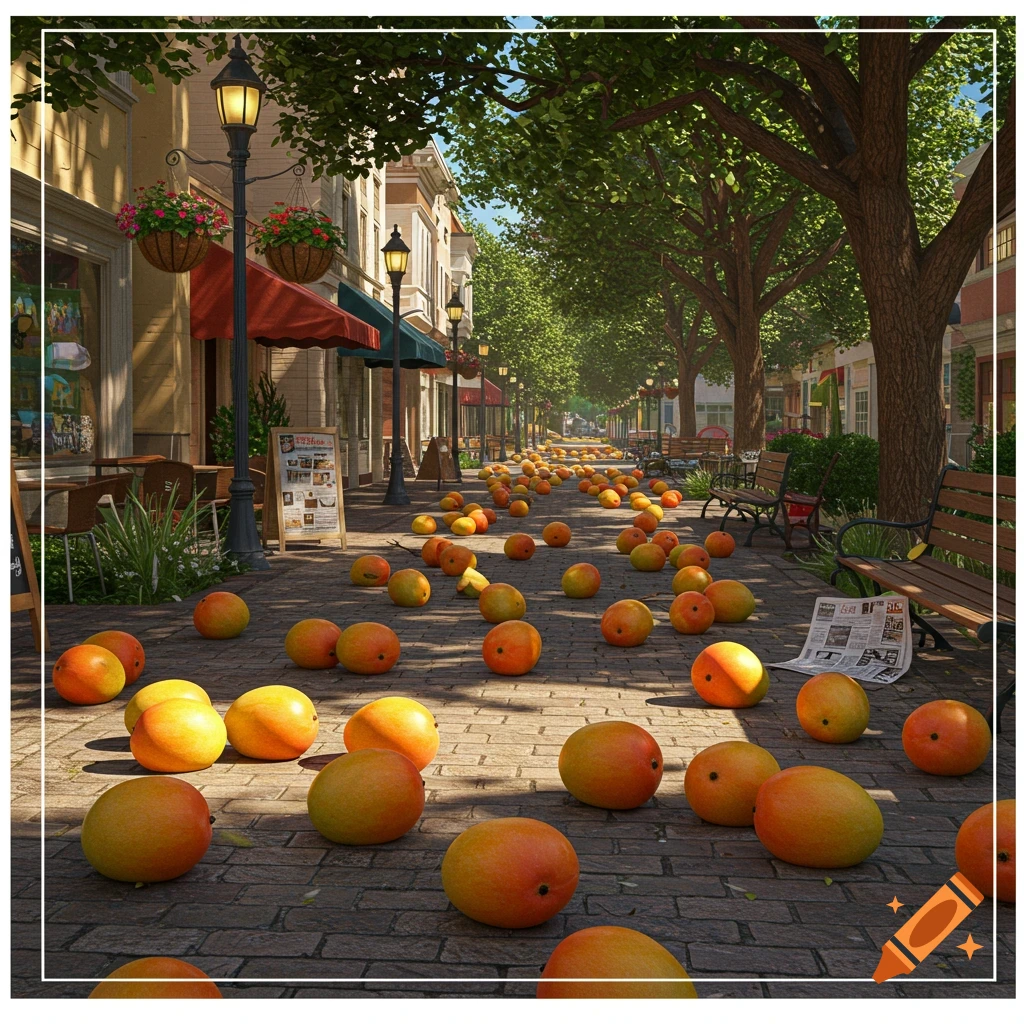 A street in a city, possibly Cupertino, with countless orange and yellow mangoes scattered across the cobblestone pavement under lush green trees.