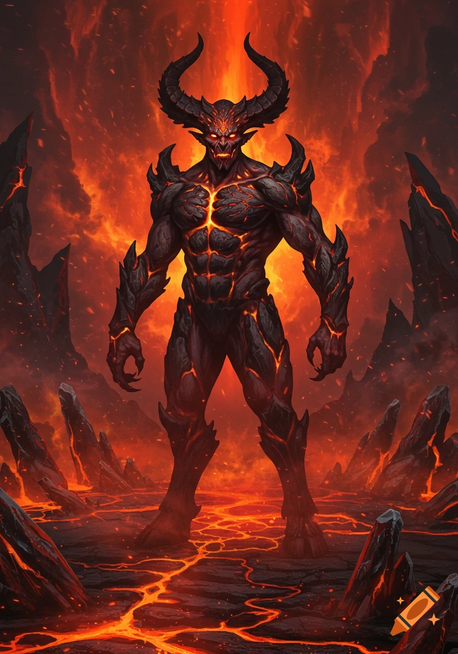 A powerful, horned demon with glowing red cracks in its skin stands in a hellish landscape of lava and jagged black rocks under a fiery sky.
