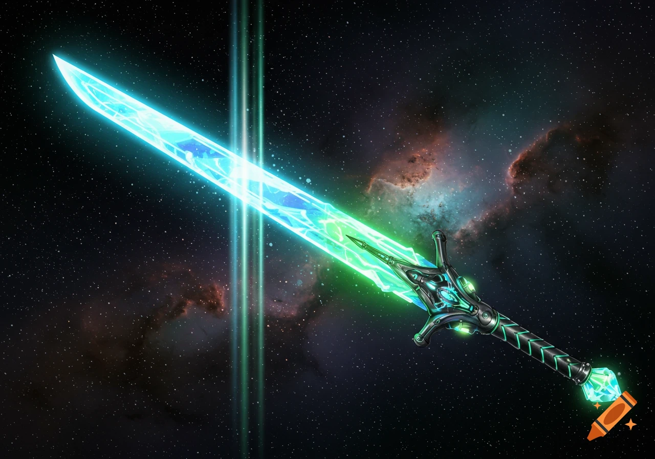 A glowing sci-fi sword with a neon blue and green blade and intricate hilt floats in a starry cosmic background with nebulae.