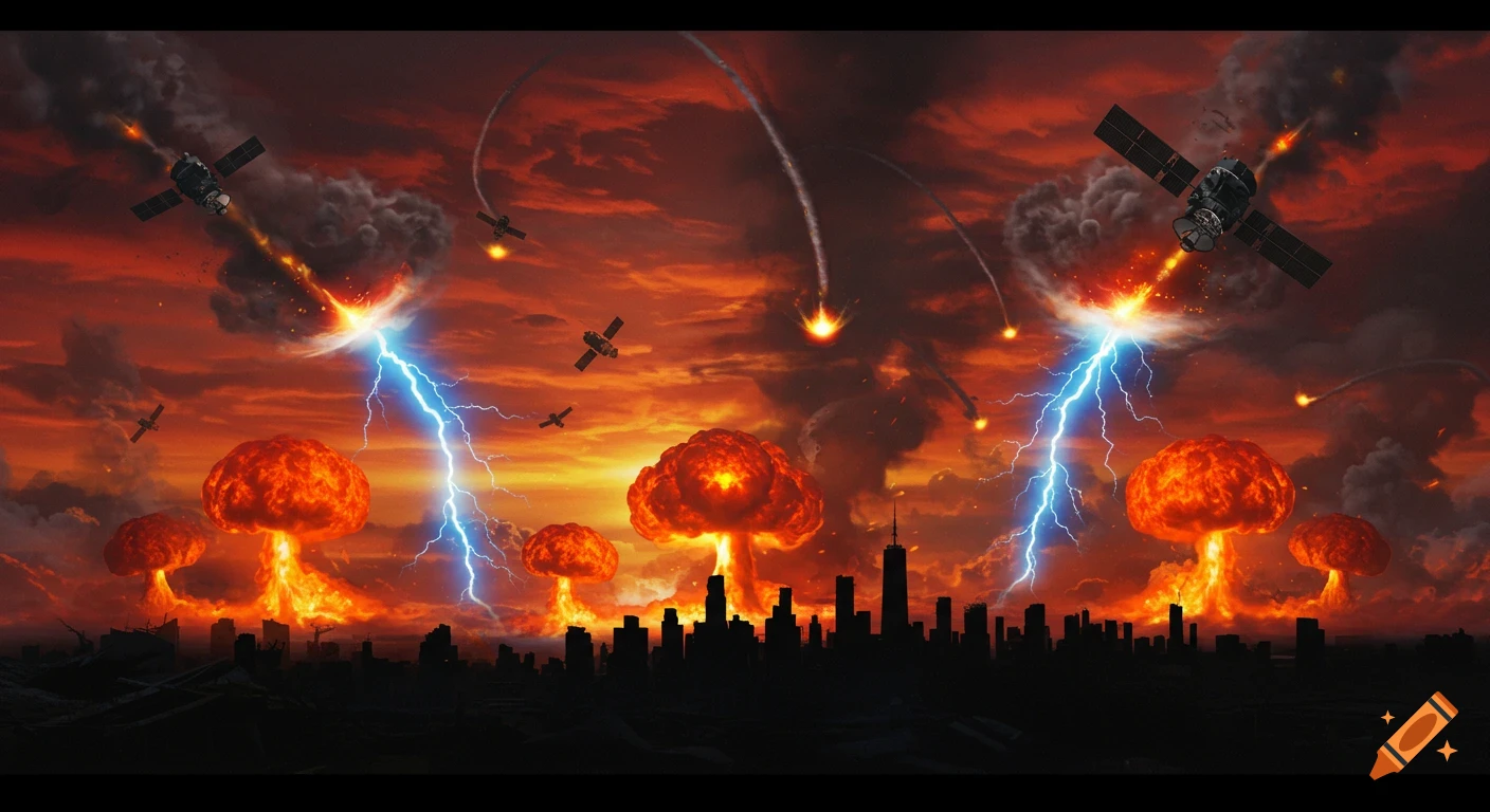 A city skyline engulfed in nuclear mushroom clouds, with lightning striking from satellites in a fiery red, apocalyptic sky.