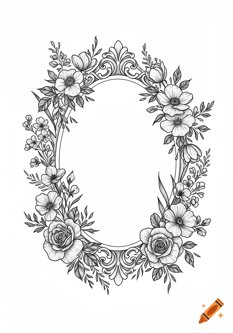 Black and white illustration of an oval frame with gothic details, surrounded by a border of roses and wildflowers.