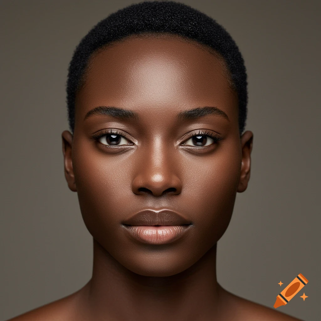 Close-up photorealistic portrait of a young Black woman with short hair, looking forward.
