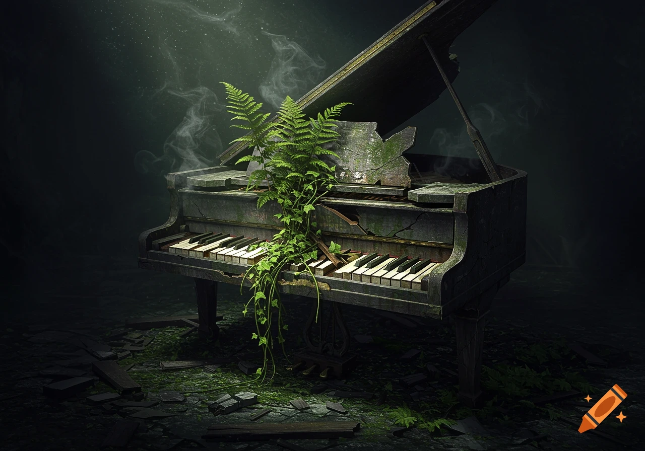 An old, broken grand piano covered in lush green ferns and vines, in a dark, atmospheric setting with smoke.
