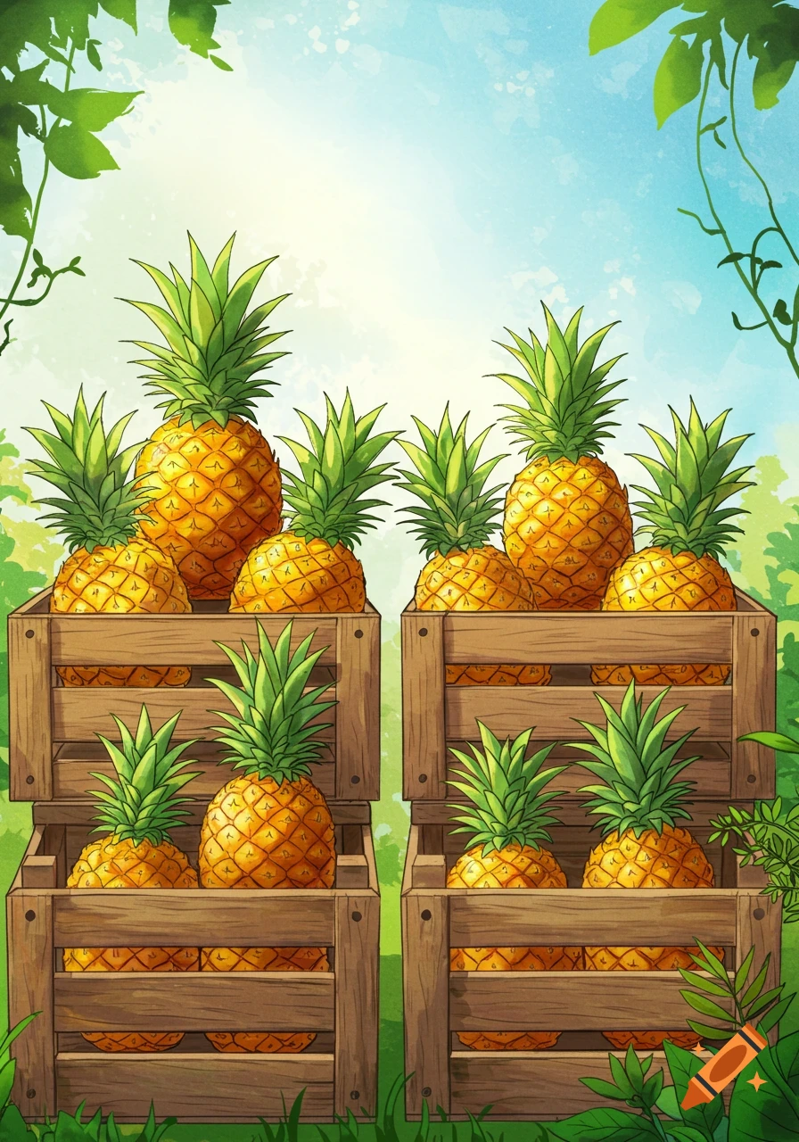 An illustration of two stacks of wooden crates filled with ripe pineapples in a lush outdoor setting.