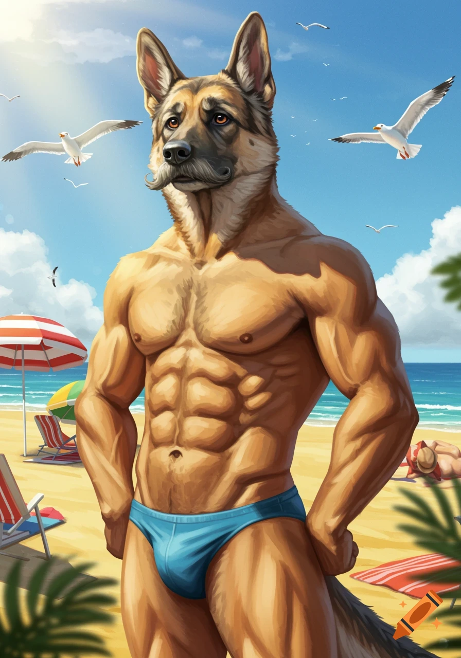 A muscular anthropomorphic German Shepherd with a mustache wears a blue speedo on a sunny beach, with seagulls and umbrellas.