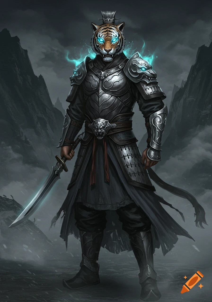 Ancient Chinese fantasy warrior with a tiger facemask, glowing blue eyes, and silver armor, holding a glowing sword in a dark mountain landscape.