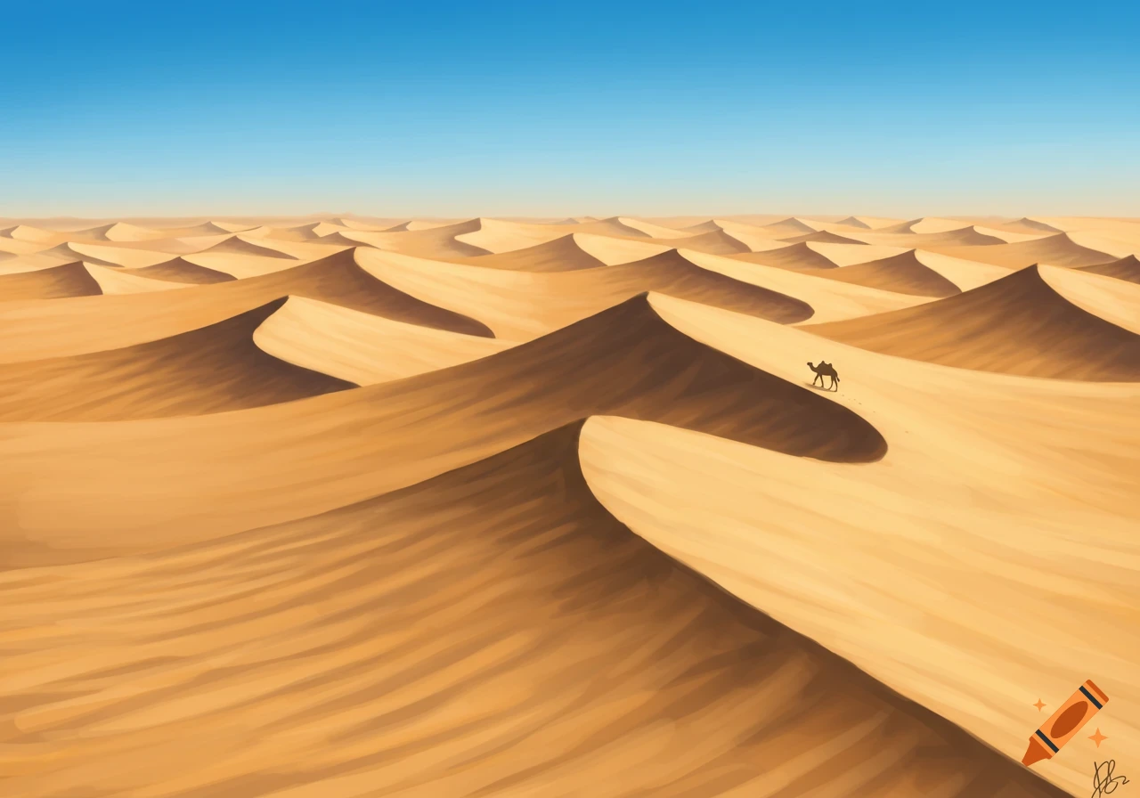A lone camel walks across undulating sand dunes under a clear blue sky in a desert landscape, digital painting style.