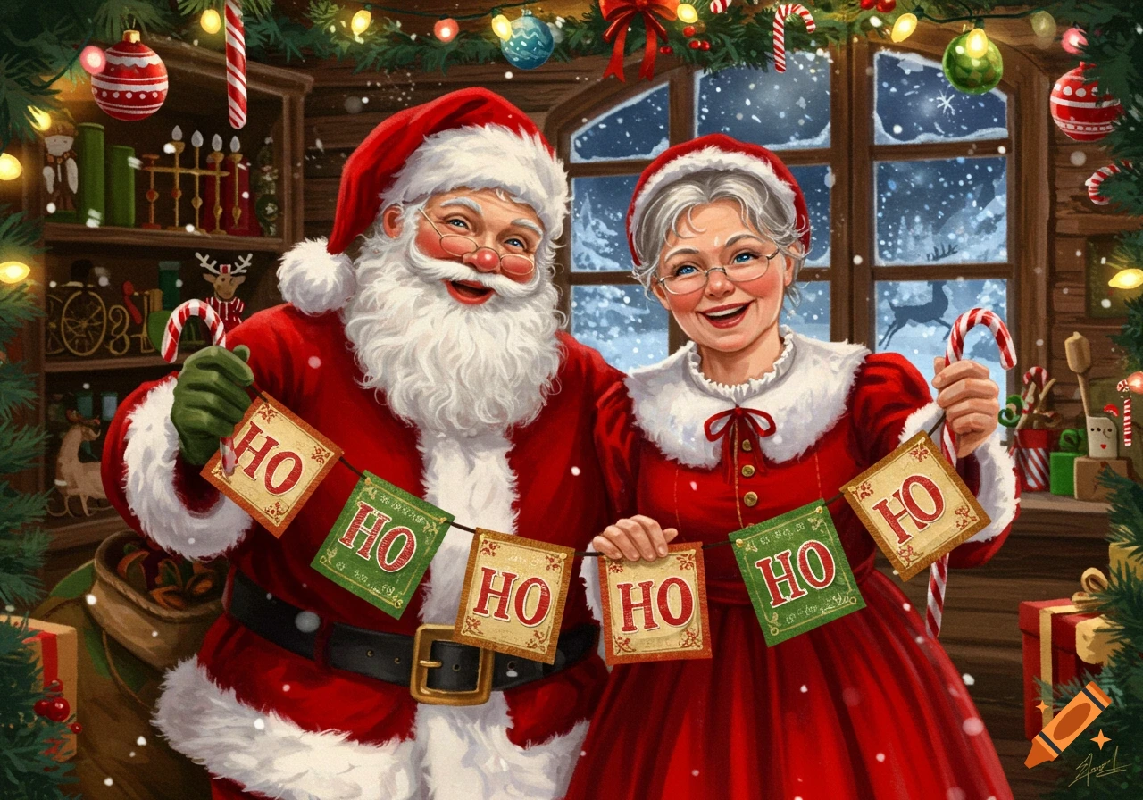 Smiling Santa and Mrs. Claus hold a 'HO HO HO' banner in a festive, decorated room with a snowy window. Illustrated.