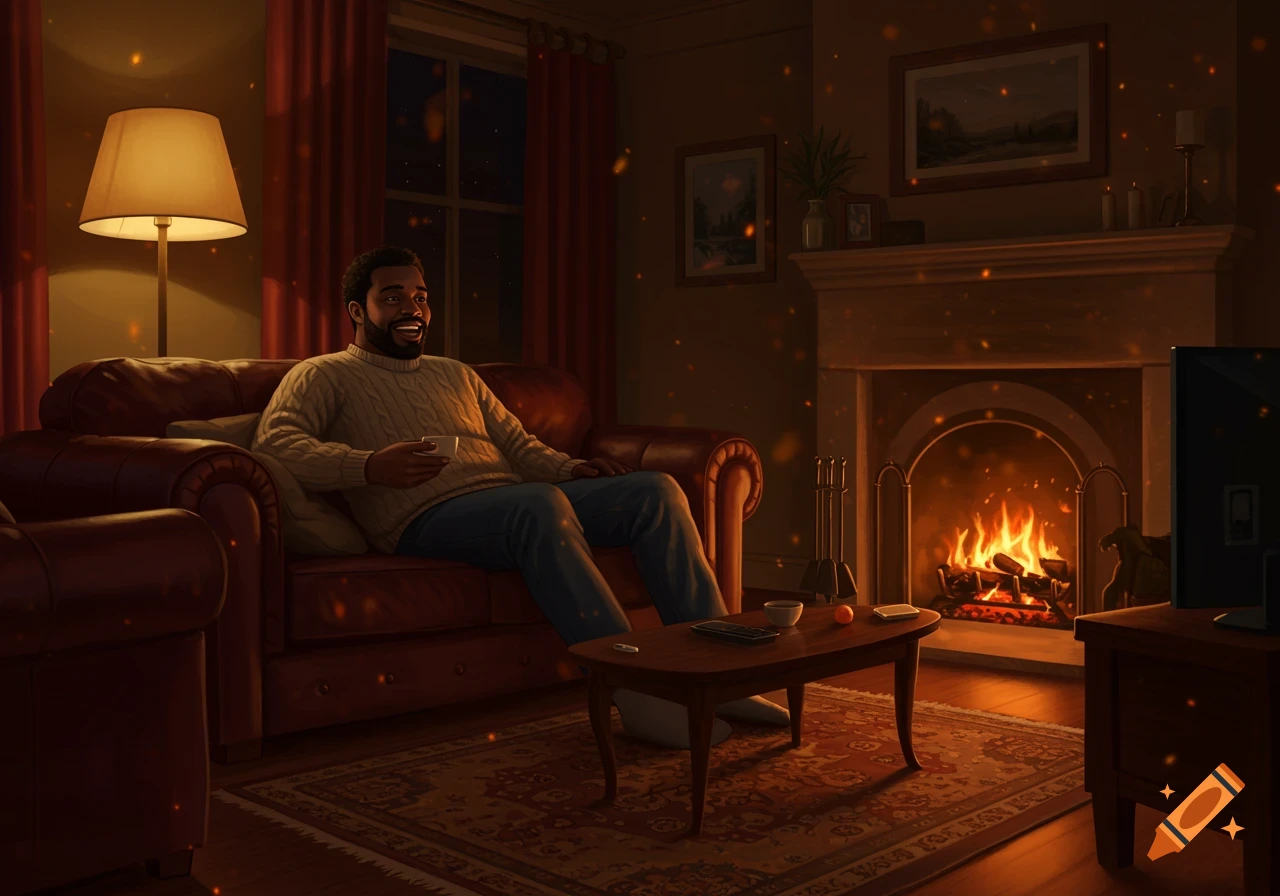 A Black man sits on a brown leather couch in a cozy living room, smiling while holding a mug, illuminated by a warm fireplace and lamp.