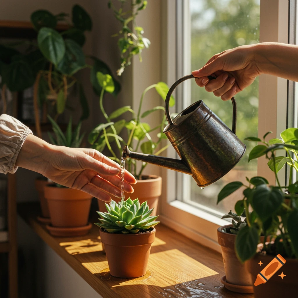 Hands gently water a green succulent plant on a sunlit windowsill, with other potted plants in the background.