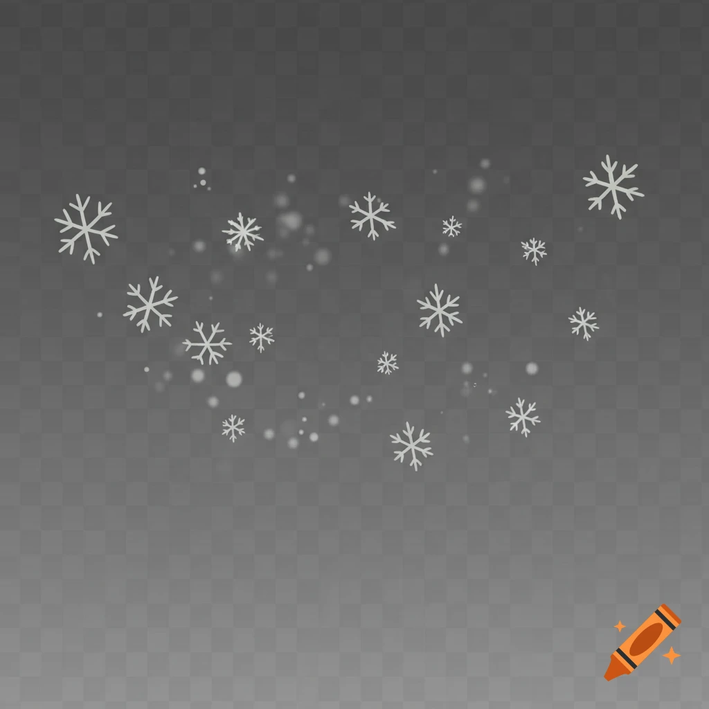 White, irregular snowflakes and bokeh dots on a transparent background, in a hand-drawn cartoon style.