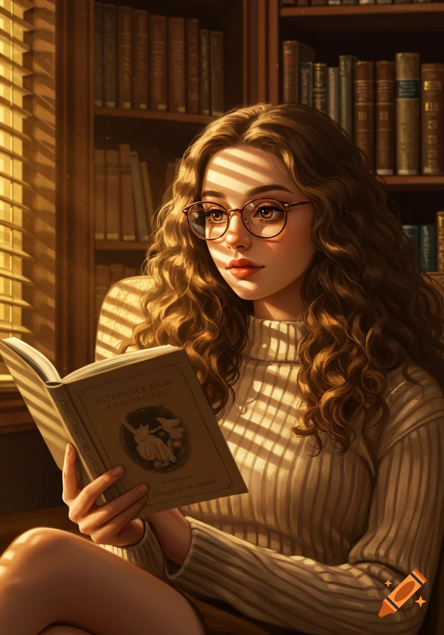 A young woman with curly brown hair and glasses reads a book, bathed in warm sunlight streaming through window blinds.