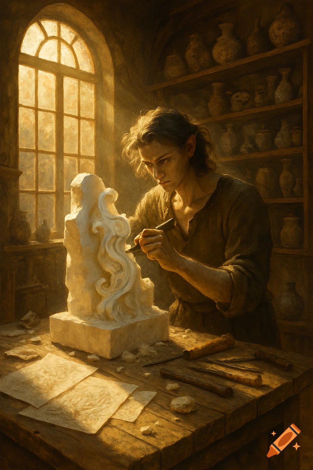 A sculptor meticulously carves a large stone figure in a sunlit studio with an arched window and shelves of pottery. Painterly style.