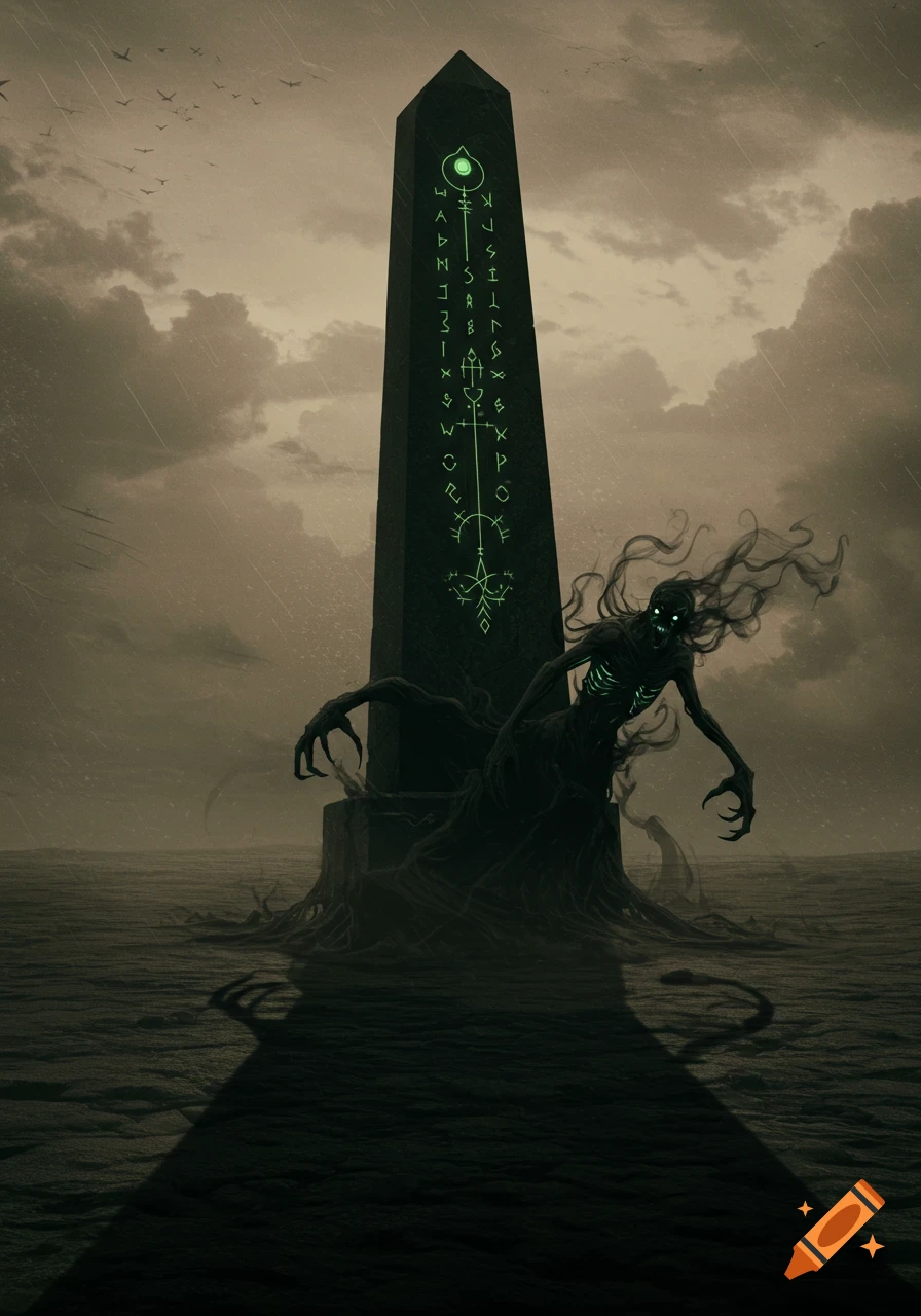 A dark, skeletal monster with glowing eyes emerges from a glowing green obelisk in a desolate, stormy landscape in a dark art style.