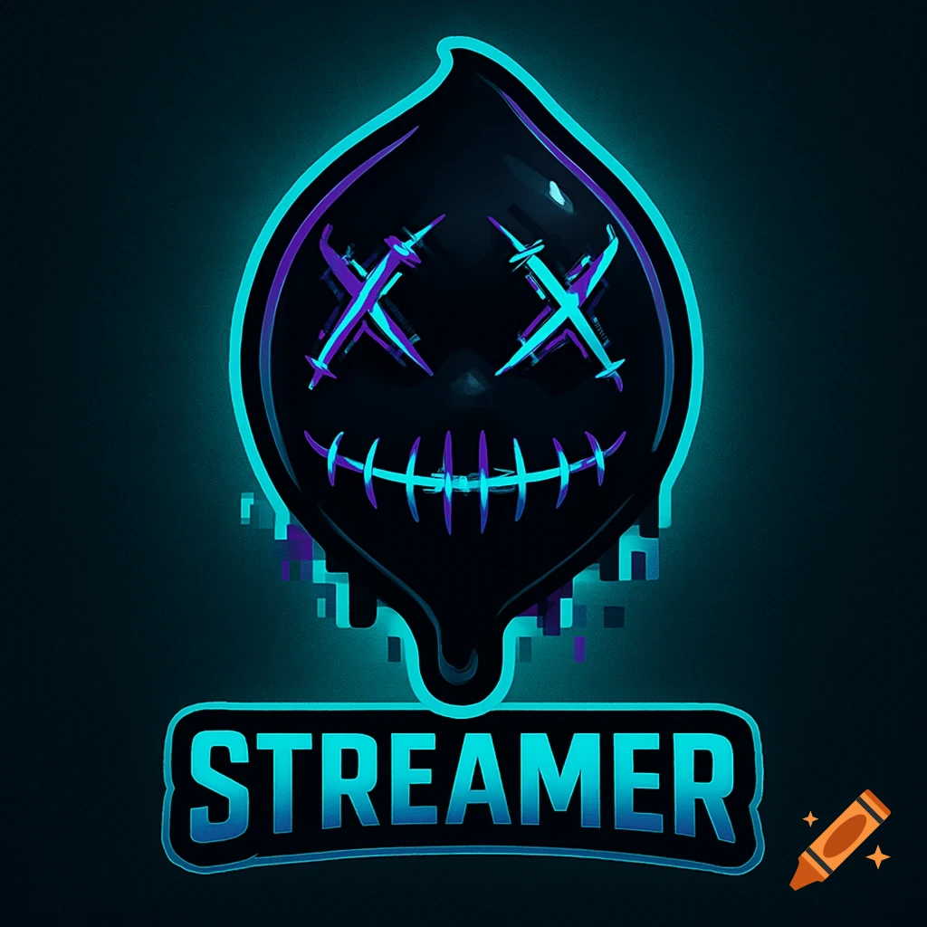 A dark ink droplet logo with neon blue and purple glowing outlines, featuring 'XX' eyes, a stitched mouth, and the word 'STREAMER' below.