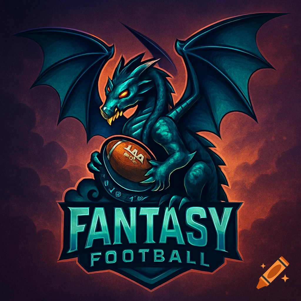 A stylized teal dragon with red eyes holds a football above a 'FANTASY FOOTBALL' logo on a fiery background.