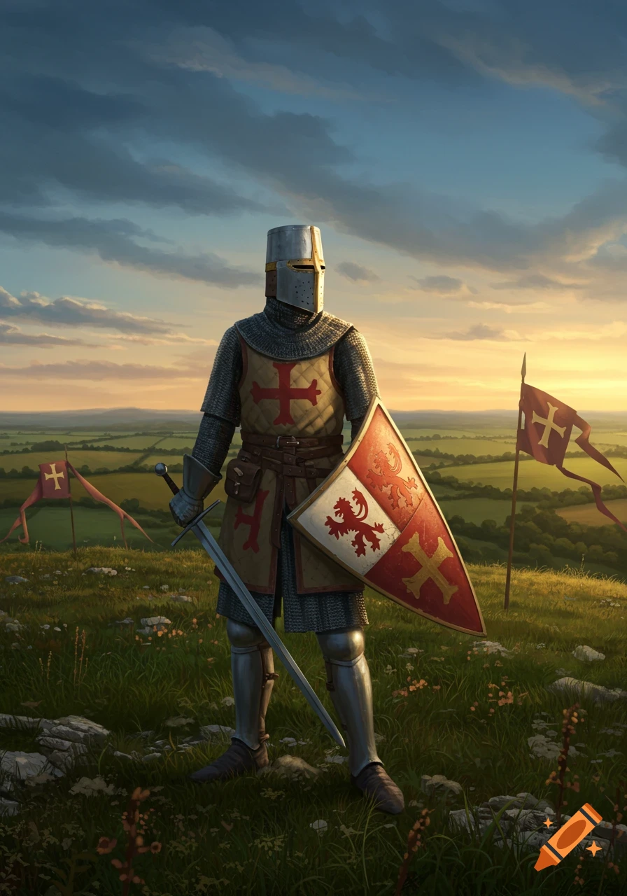 A medieval knight in chainmail and plate armor stands on a grassy hill, holding a sword and shield with a lion emblem, with flags and a sunset sky.