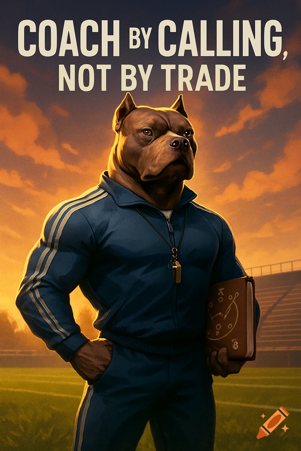 A muscular anthropomorphic pitbull in a blue tracksuit on a football field with sunset sky. Text: COACH BY CALLING, NOT BY TRADE.