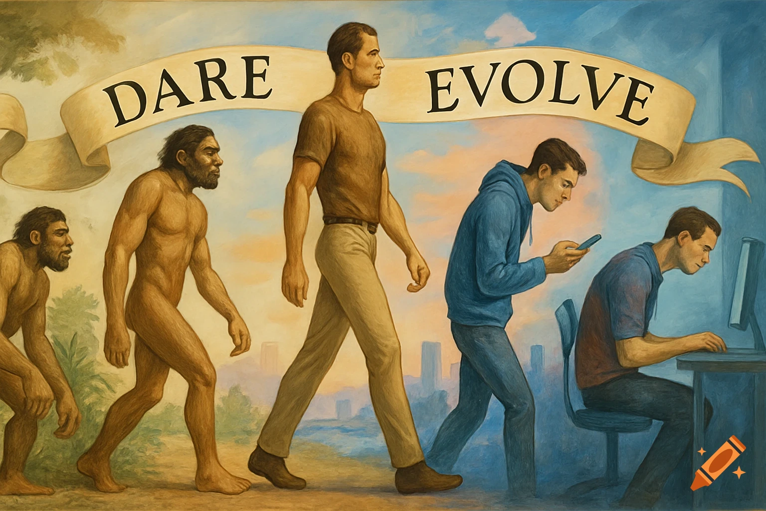 Painting depicting human evolution from ape-like figures to an upright modern man, then showing decline in posture due to smartphone and computer use, with a banner reading 'DARE EVOLVE'.