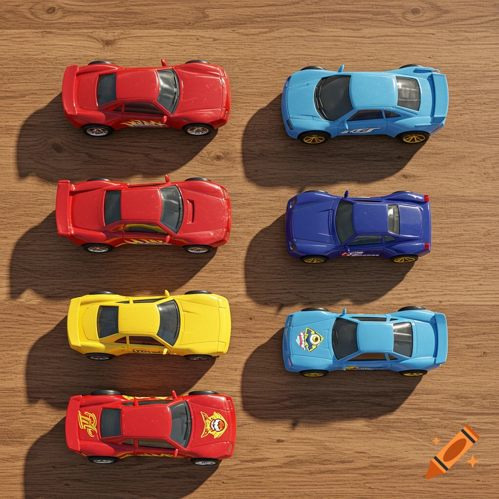 Seven colorful toy cars on a wooden surface, viewed from above.