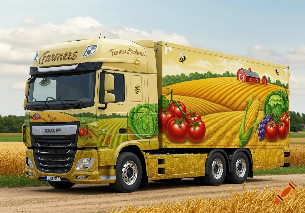 A DAF truck painted with a vibrant farm produce and landscape mural, featuring fields of wheat, a red barn, tomatoes, cabbage, corn, grapes, and bees, parked on a dirt road in a field.